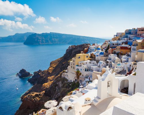 Santorini Island, Greece Santorini Island, Greece, Beautiful View of Blue Ocean and Traditional Dome Church Architecture